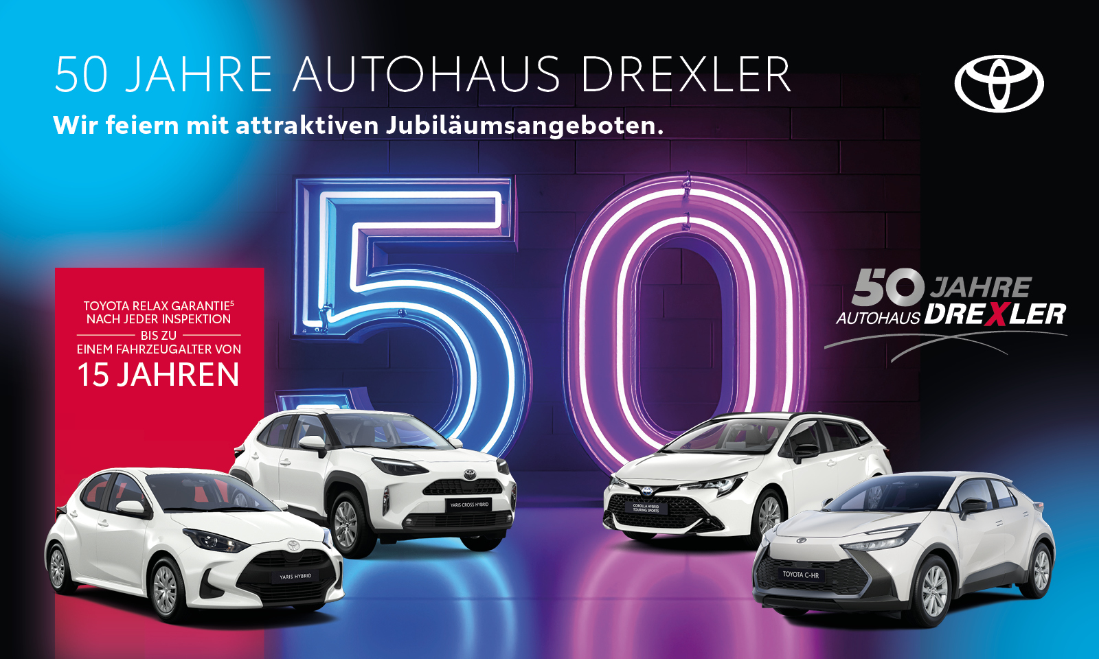 Grafik zum Jubiläum des Autohaus Drexler mit Toyota Fahrzeugen